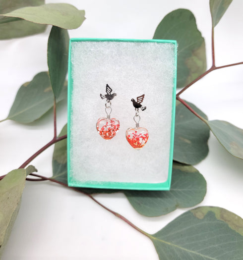 Tiny Birds with Dried Flowers in the Heart handmade resin earrings , real flower jewelry, Gifts for Her