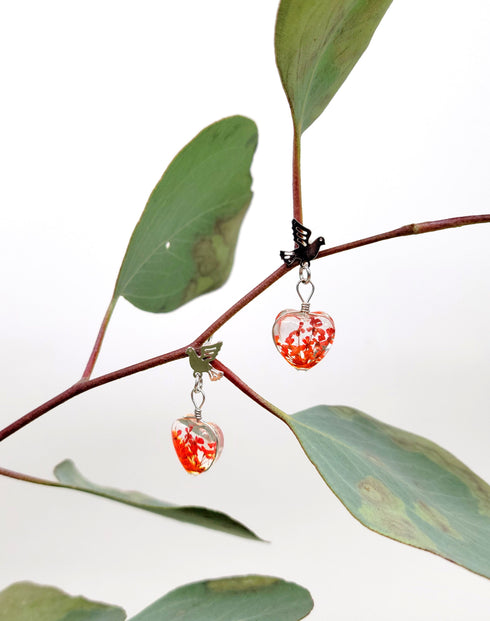 Tiny Birds with Dried Flowers in the Heart handmade resin earrings , real flower jewelry, Gifts for Her