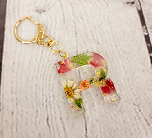 Handmade Pressed Flowers Resin Keychain, Initials Letter Alphabet Name Gifts For Her