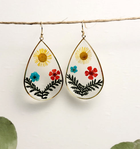 Tear drop Daisy and Multi Pressed Flower Earrings for her, for gift