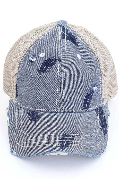 Embroidered Leat Motif Jacoquard Denim C.C High Pony Ball Cap