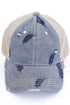 Embroidered Leat Motif Jacoquard Denim C.C High Pony Ball Cap