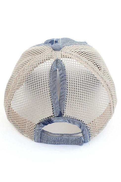 Embroidered Leat Motif Jacoquard Denim C.C High Pony Ball Cap