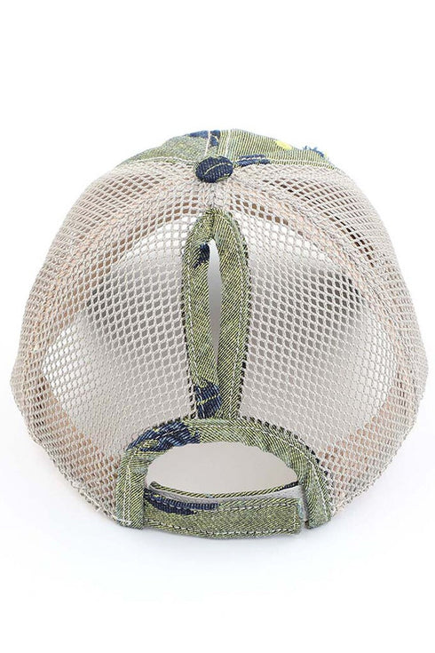 Embroidered Leat Motif Jacoquard Denim C.C High Pony Ball Cap