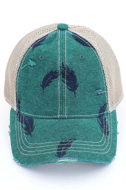 Embroidered Leat Motif Jacoquard Denim C.C High Pony Ball Cap