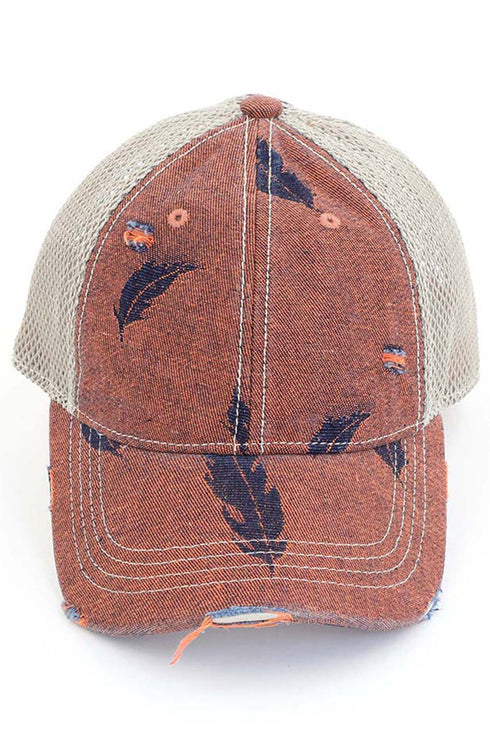 Embroidered Leat Motif Jacoquard Denim C.C High Pony Ball Cap