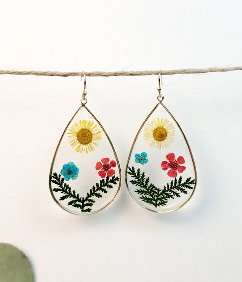 Tear drop Daisy and Multi Pressed Flower Earrings for her, for gift