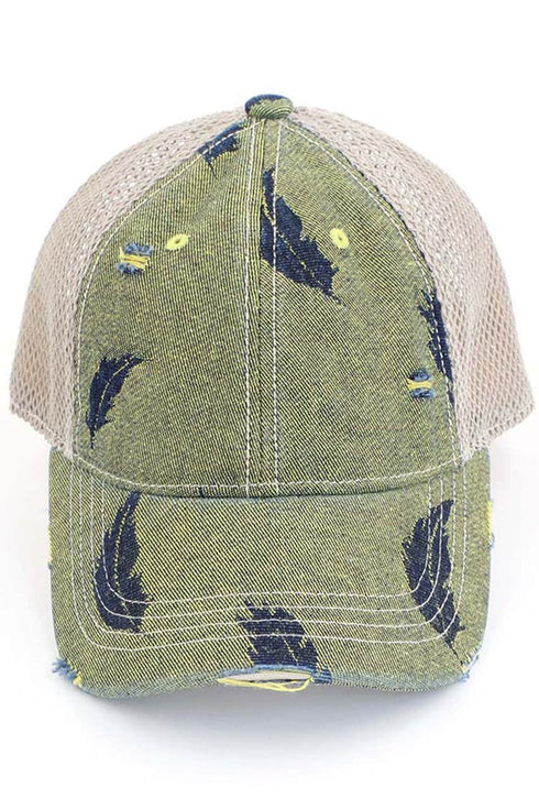 Embroidered Leat Motif Jacoquard Denim C.C High Pony Ball Cap