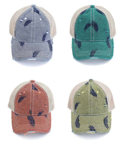 Embroidered Leat Motif Jacoquard Denim C.C High Pony Ball Cap