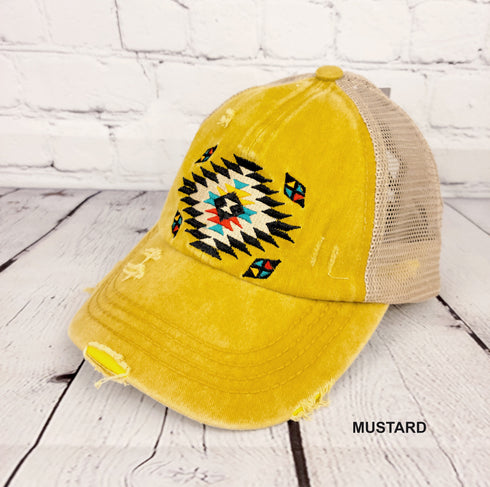 Distressed Aztec Patch Criss Cross High Pony C.C Ball Cap