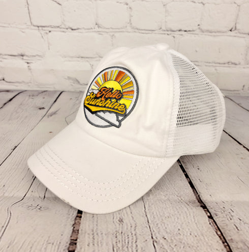 Embroidered Hello Sunshine Patch High Pony Criss Cross ball cap for her, gifts for her