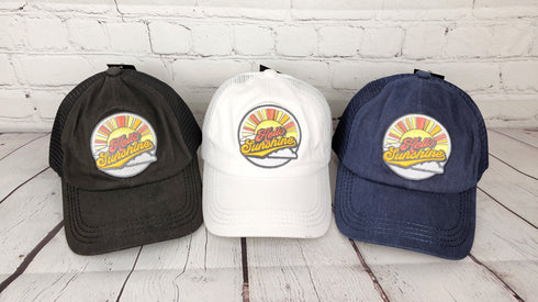 Embroidered Hello Sunshine Patch High Pony Criss Cross ball cap for her, gifts for her