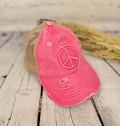 Distressed Embroidered Peace Sign Criss Cross High Pony C.C Ball Cap