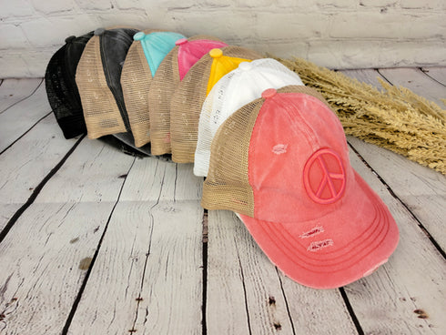 Distressed Embroidered Peace Sign Criss Cross High Pony C.C Ball Cap