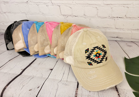 Distressed Aztec Patch Criss Cross High Pony C.C Ball Cap