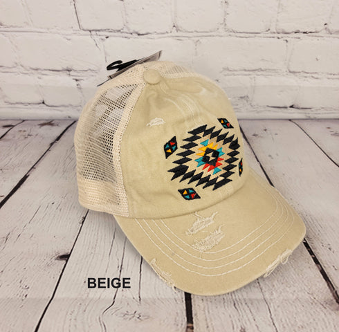 Distressed Aztec Patch Criss Cross High Pony C.C Ball Cap
