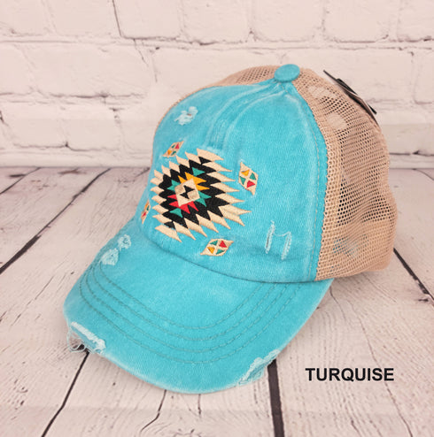 Distressed Aztec Patch Criss Cross High Pony C.C Ball Cap