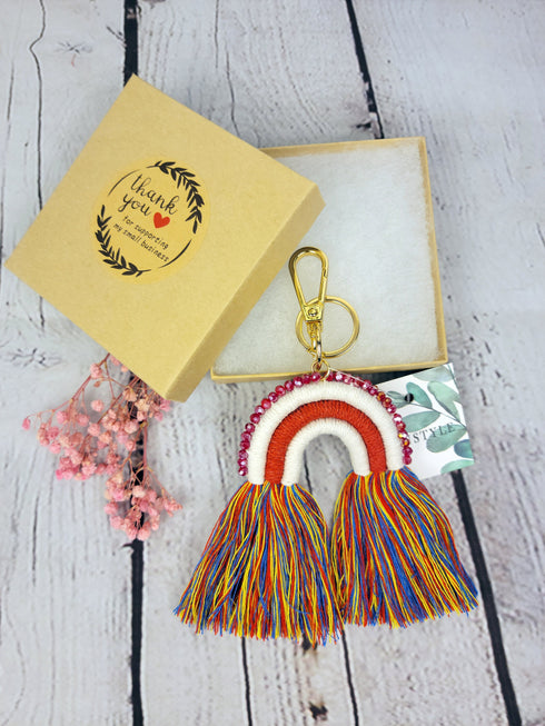 Macrame Rainbow with glass beads Keychain, Boho Accessory, Rainbow Keyring, Bag Charm, Small Gifts For her