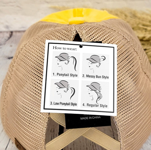 Distressed Embroidered Peace Sign Criss Cross High Pony C.C Ball Cap