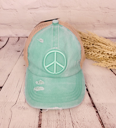 Distressed Embroidered Peace Sign Criss Cross High Pony C.C Ball Cap