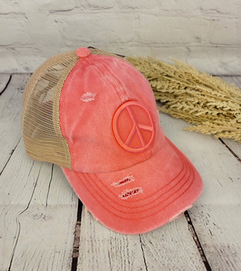 Distressed Embroidered Peace Sign Criss Cross High Pony C.C Ball Cap