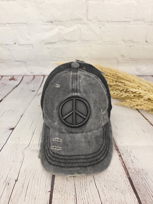 Distressed Embroidered Peace Sign Criss Cross High Pony C.C Ball Cap