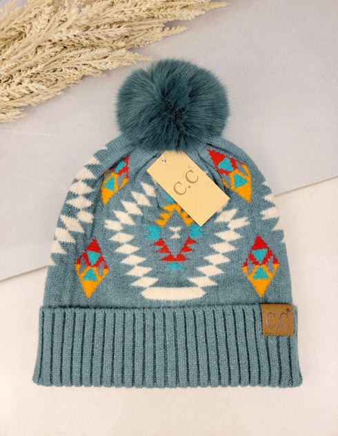 C.C Aztec Patterned Faux Fur Pom C.C Beanie Hat
