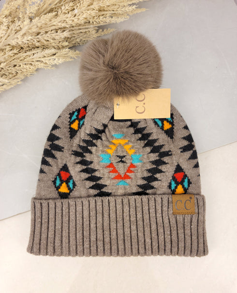C.C Aztec Patterned Faux Fur Pom C.C Beanie Hat