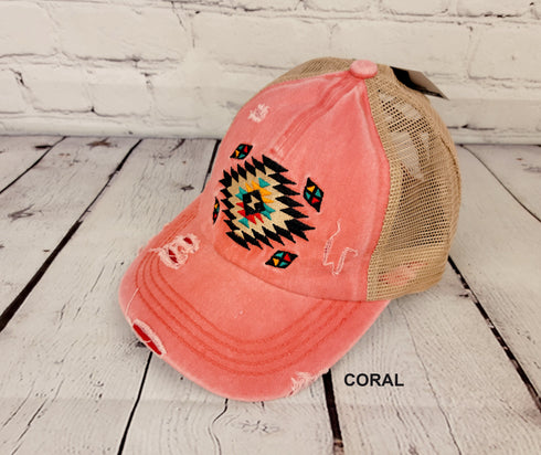 Distressed Aztec Patch Criss Cross High Pony C.C Ball Cap