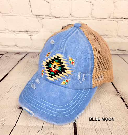 Distressed Aztec Patch Criss Cross High Pony C.C Ball Cap