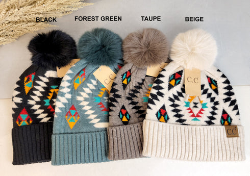 C.C Aztec Patterned Faux Fur Pom C.C Beanie Hat