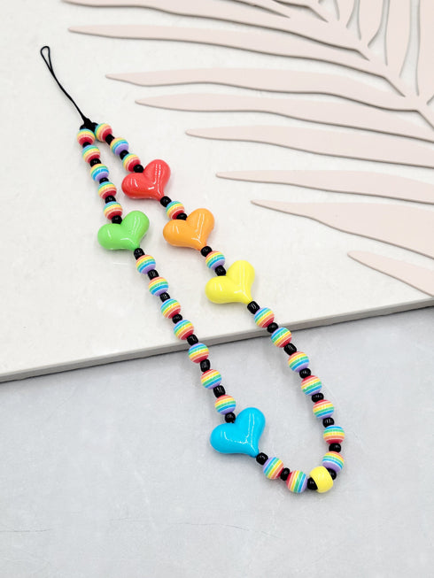 90s/Y2K style Phone Chain, Hearts Charm, Beaded Lanyard Wrist Strap, Cell Phone Accessory, Beads Gifts for Her