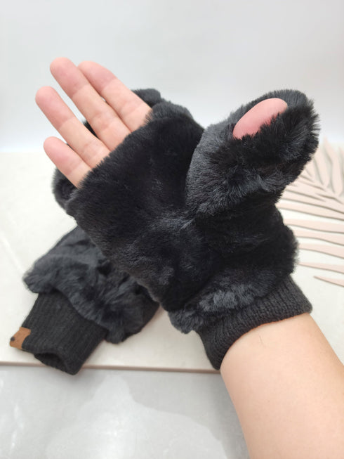 Faux Fur c.c mittens with shepherd Lined Flip Up Down Top Fingerless Mitten Gloves gifts for her , Christ mas gifts for her