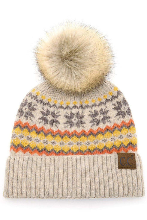 C.C Nordic Fair Isle Pom Beanie Hat, Beanie for Adults, Winter Hats, Winter Beanies, Premium Hats, Warm Hats, Winter Accessories, for gifts