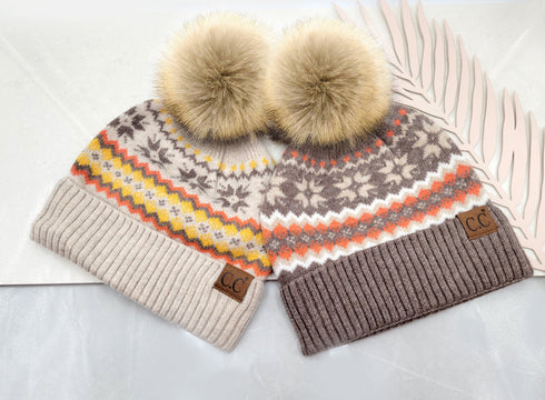 C.C Nordic Fair Isle Pom Beanie Hat, Beanie for Adults, Winter Hats, Winter Beanies, Premium Hats, Warm Hats, Winter Accessories, for gifts
