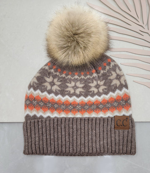 C.C Nordic Fair Isle Pom Beanie Hat, Beanie for Adults, Winter Hats, Winter Beanies, Premium Hats, Warm Hats, Winter Accessories, for gifts