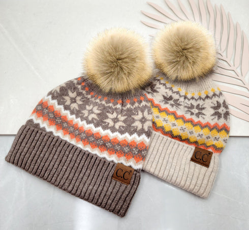C.C Nordic Fair Isle Pom Beanie Hat, Beanie for Adults, Winter Hats, Winter Beanies, Premium Hats, Warm Hats, Winter Accessories, for gifts
