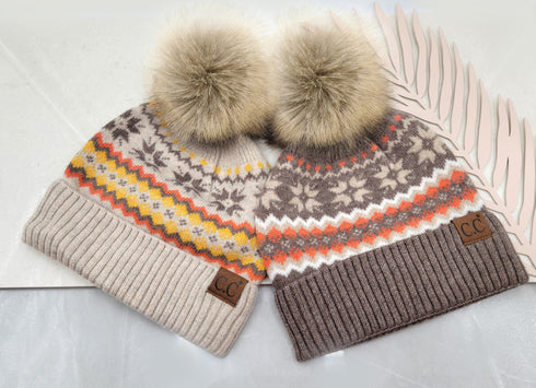 C.C Nordic Fair Isle Pom Beanie Hat, Beanie for Adults, Winter Hats, Winter Beanies, Premium Hats, Warm Hats, Winter Accessories, for gifts