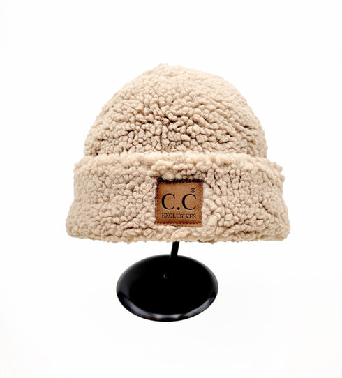C.C Exclusive Unisex Winter Soft Sherpa Cuff Beanie Hat with C.C Suede Logo gifts for her