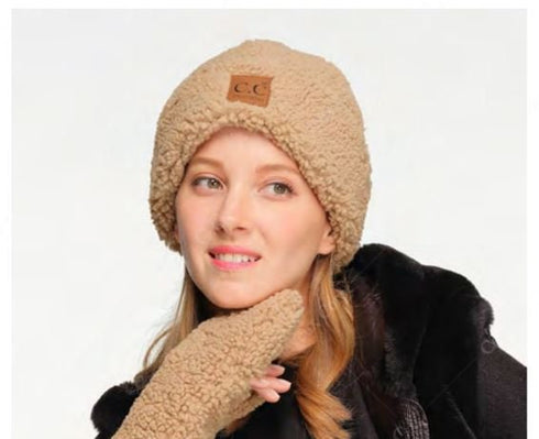 C.C Exclusive Unisex Winter Soft Sherpa Cuff Beanie Hat with C.C Suede Logo gifts for her