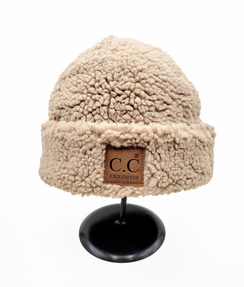 C.C Exclusive Unisex Winter Soft Sherpa Cuff Beanie Hat with C.C Suede Logo gifts for her