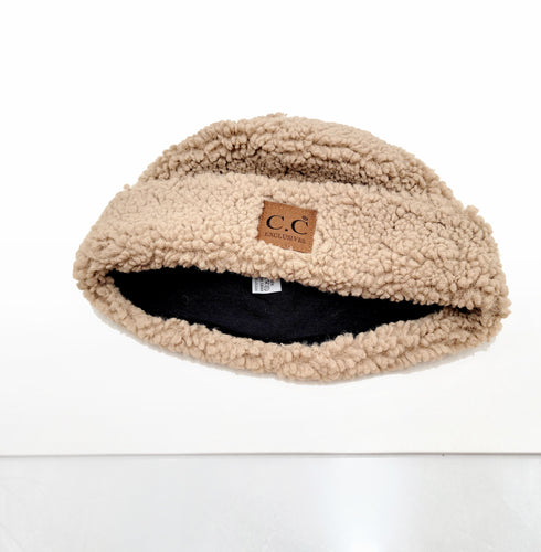 C.C Exclusive Unisex Winter Soft Sherpa Cuff Beanie Hat with C.C Suede Logo gifts for her