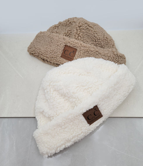 C.C Exclusive Unisex Winter Soft Sherpa Cuff Beanie Hat with C.C Suede Logo gifts for her