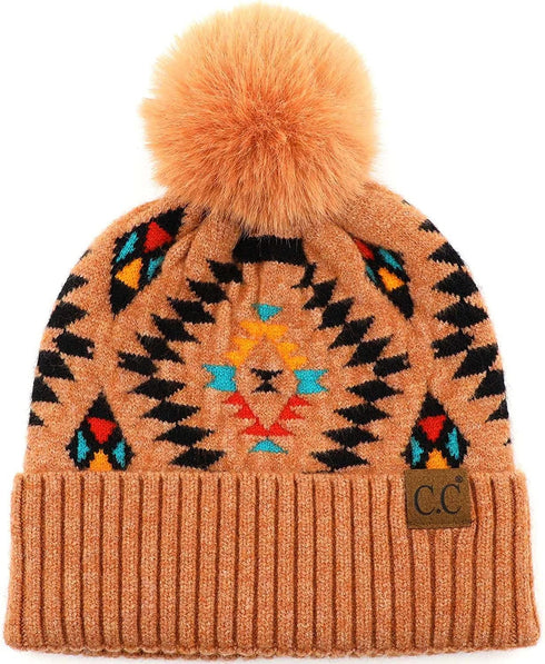 C.C Aztec Patterned Faux Fur Pom C.C Beanie Hat