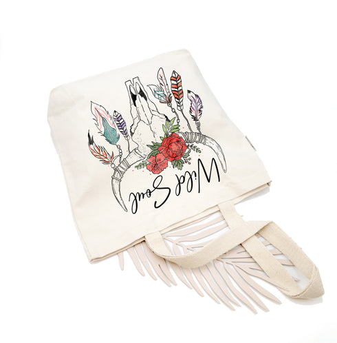 Wild soul eco friendly western style flower cow skull organic canvas tote bag, durable, Daily bag ,market bag, school bag, gifts for her