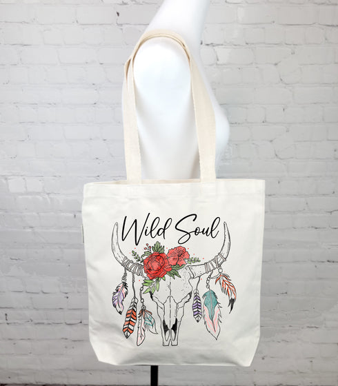 Wild soul eco friendly western style flower cow skull organic canvas tote bag, durable, Daily bag ,market bag, school bag, gifts for her