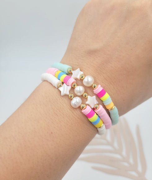 3Pc set Mother of pearl star beads with Natural pearl , Heishi Beaded Stretch Bracelets, Natural Pearl Beads Colorful Bracelet for her