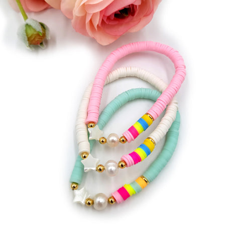 3Pc set Mother of pearl star beads with Natural pearl , Heishi Beaded Stretch Bracelets, Natural Pearl Beads Colorful Bracelet for her