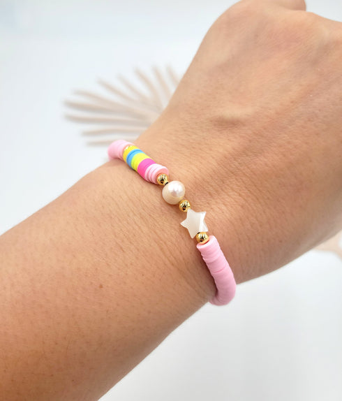 3Pc set Mother of pearl star beads with Natural pearl , Heishi Beaded Stretch Bracelets, Natural Pearl Beads Colorful Bracelet for her