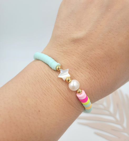 3Pc set Mother of pearl star beads with Natural pearl , Heishi Beaded Stretch Bracelets, Natural Pearl Beads Colorful Bracelet for her